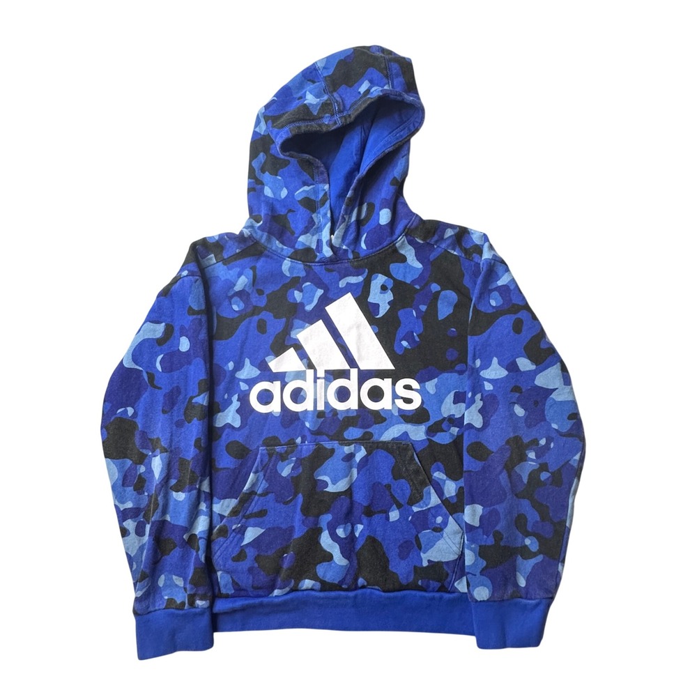 Adidas Hoodie Kids Size M 10/12 Blue Camo Logo Pullover Sweatshirt AA7484